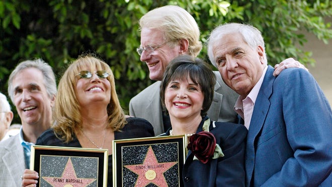 Henry Winkler (from left), Penny Marshall, Ed Begley, Cindy Williams and Garry Marshall pose after Penny and Cindy received their stars on the Hollywood Walk of Fame on Aug. 12, 2004.