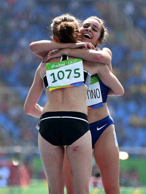 USA's Abbey D'Agostino and New Zealand's Nikki Hamblin provided a lasting moment during the heats for the 5,000 meters. After both runners fell, D'Agostino, who suffered a torn ACL, helped up Hamblin, who then returned the favor to D'Agostino.