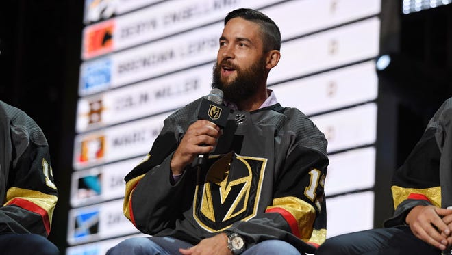 Deryk Engelland is interviewed after being selected by the Vegas Golden Knights during the expansion draft.