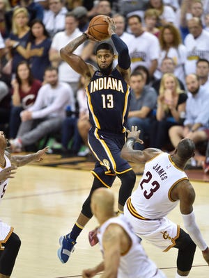 Apr 15, 2017; Cleveland, OH, USA; Indiana Pacers forward Paul George (13) throws a pass late in the fourth quarter against the Cleveland Cavaliers in game one of the first round of the 2017 NBA Playoffs at Quicken Loans Arena. Mandatory Credit: David Richard-USA TODAY Sports