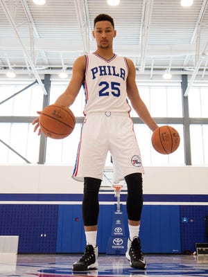 Ben Simmons dribbles the ball during media day at the Philadelphia 76ers Training Complex. Mandatory Credit: Bill Streicher-USA TODAY Sports ORG XMIT: USATSI-326210 ORIG FILE ID:  20160926_pjc_sq4_423.JPG