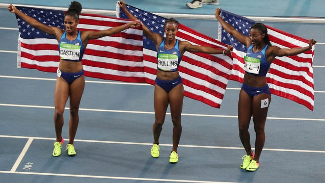 The United States swept the women's 100 hurdles with (from left to right) Kristi Castlin (bronze), Brianna Rollins (gold), and Nia Ali (silver) taking home the medals.