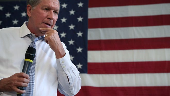 Kasich pauses during a campaign event on April 25, 2016, in Rockville, Md.