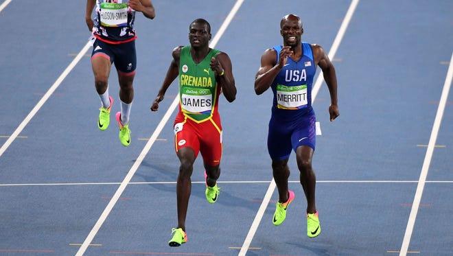 Lashawn Merritt (USA) races Kirani James (GRN) during the men's 400m final in the Rio 2016 Summer Olympic Games at Estadio Olimpico Joao Havelange.
