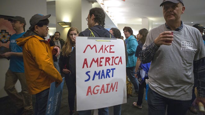 Scientists and supporters attend a pre-rally at the American Association for the Advancement of Science building before heading to the National Mall for the March for Science on April 22, 2017 in Washington, D.C.