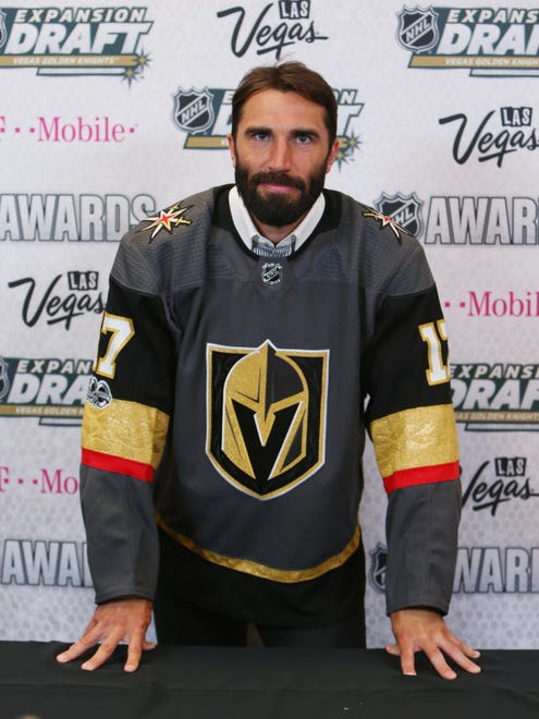 Vegas Golden Knights player Jason Garrison is introduced during the 2017 NHL Awards and Expansion Draft at T-Mobile Arena.