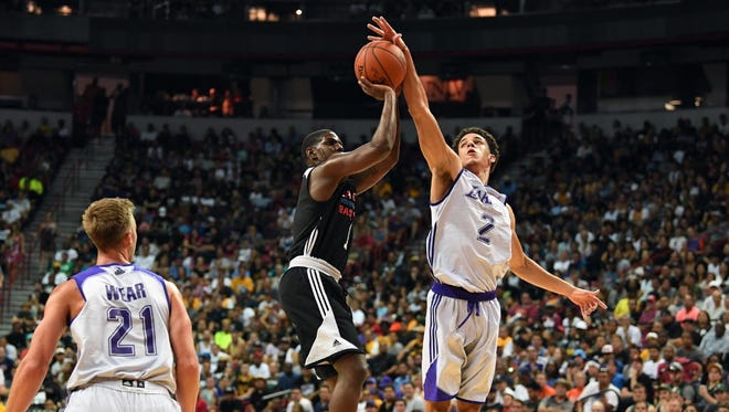 Los Angeles Lakers guard Lonzo Ball (2) blocks a shot attempt by Los Angeles Clippers guard Sindarius Thornwell (1) during an NBA Summer League game at Thomas & Mack Center.