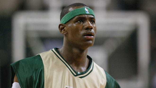17-year-old phenom LeBron James of St. Vincent-St. Mary High school (Akron, OH) during pregame warmup against Oak Hill Academy (Mouth of Wilson, VA) at Cleveland State University's Convocation Center on Dec. 12, 2002.