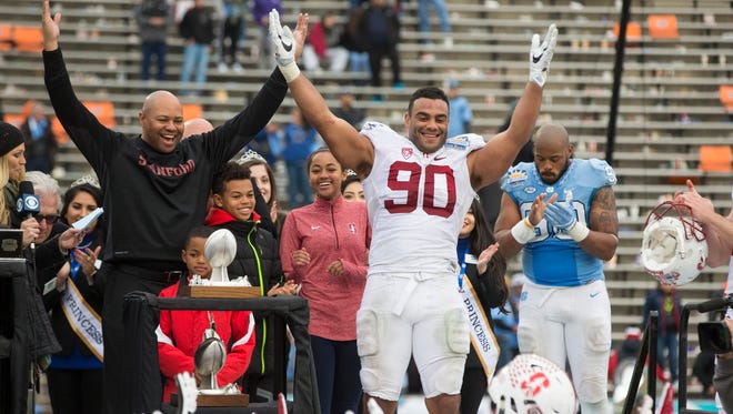 6. New York Jets — Solomon Thomas, DE, Stanford: As was the case with DL Leonard Williams, the sixth overall choice two years ago, the Jets might just find themselves staring at a player too good to pass up at this spot. Teamed with Williams and Muhammad Wilkerson, Thomas would allow New York's front to remain imposing and scheme versatile, and his arrival could hasten a timeline to offload Sheldon Richardson.