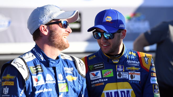 Teammatees Dale Earnhardt Jr., left, and Chase Elliott will start on the front row in the 59th running of the Daytona 500.