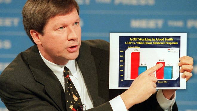 Kasich displays a chart on Medicare during a taping of NBC's "Meet the Press" on Jan. 14, 1996, in Washington.