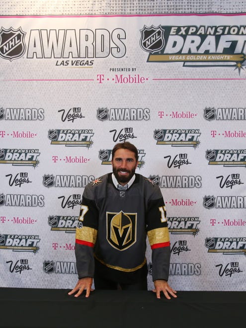 Vegas Golden Knights player Jason Garrison is introduced during the 2017 NHL Awards and Expansion Draft at T-Mobile Arena.