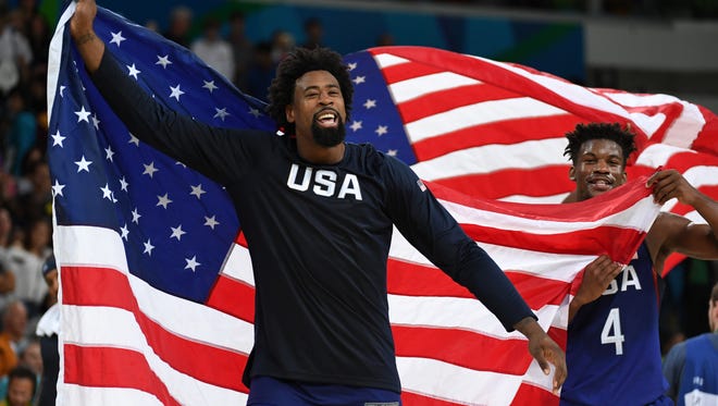 USA center DeAndre Jordan celebrates winning the gold medal in the men's gold game during the during the Rio 2016 Summer Olympic Games at Carioca Arena 1.