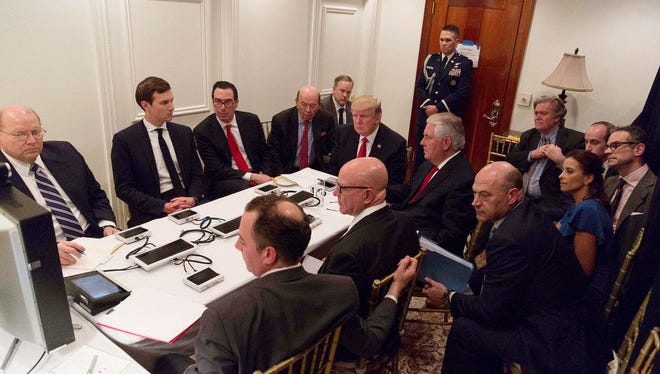 President Trump is briefed on Syria missile strike via secure video teleconference at his Mar-a-Lago resort, April 7, 2017