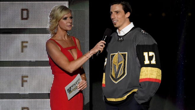 Goaltender Marc-Andre Fleury talks with Kathryn Tappen after being taken by the Vegas Golden Knights in the expansion draft.