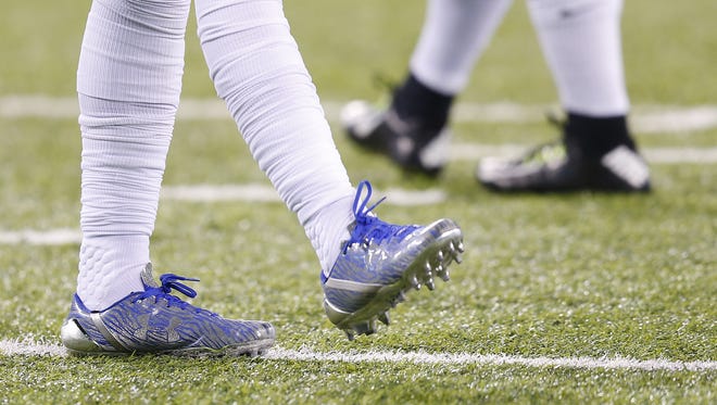Shoes of Indianapolis Colts wide receiver Chester Rogers (80) before facing off against the New York Jets at MetLife Stadium in East Rutherford, N.J., on Monday, Dec. 5, 2016.