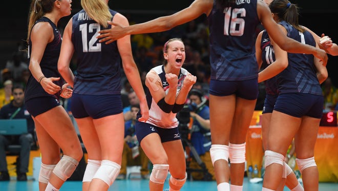 United States libero Kayla Banwarth (2) reacts after a point against China in a preliminary round Group B volleyball match at Maracanazinho during the Rio 2016 Summer Olympic Games.