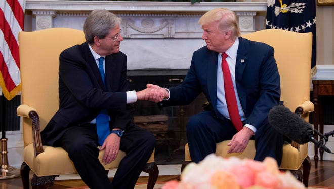 President Trump shakes hands with Italian Prime Minister Paolo Gentiloni at the White House on April 20, 2017.