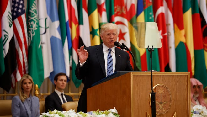 President Trump delivers a speech to the Arab Islamic American Summit on May 21, 2017, in Riyadh, Saudi Arabia.