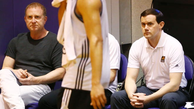 Owner Robert Sarver and GM Ryan McDonough (right) at the Phoenix Suns pre-draft workout on Monday, May 29, 2017 at Taking Stick Resort Arena in Phoenix, Ariz.