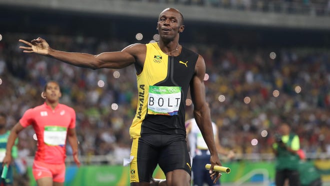 Usain Bolt (JAM) reacts after the men's 4x100 relay final during the Rio 2016 Summer Olympic Games at Estadio Olimpico Joao Havelange.