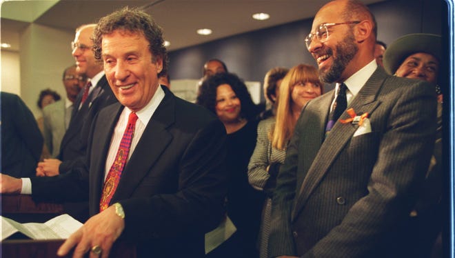 In 1995,Tigers owner Mike Ilitch and Detroit Mayor Dennis Archer during the press conference to confirm the site of a new baseball stadium.