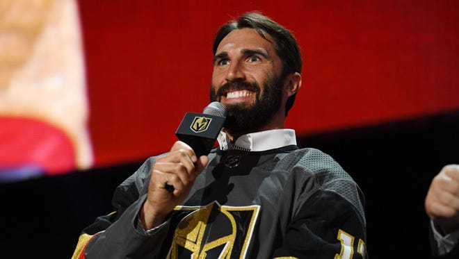 Jason Garrison is interviewed after being selected by the Vegas Golden Knights during the expansion draft.