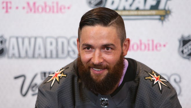Vegas Golden Knights player Deryk Engelland poses for a photo in the interview room during the 2017 NHL Awards and Expansion Draft at T-Mobile Arena.
