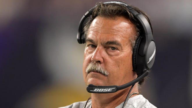 Los Angeles Rams coach Jeff Fisher reacts during a NFL game against the Minnesota Vikings at U.S. Bank Stadium.