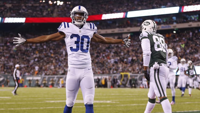 Indianapolis Colts cornerback Rashaan Melvin (30) celebrates after breaking up a pass in the end zone intended for New York Jets tight end Austin Seferian-Jenkins (88) during the 1st half at MetLife Stadium in East Rutherford, N.J., on Monday, Dec. 5, 2016.