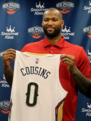 Omri Casspi (18) and DeMarcus Cousins (0) were introduced by the New Orleans Pelicans at a press conference at the New Orleans Pelicans Practice Facility.