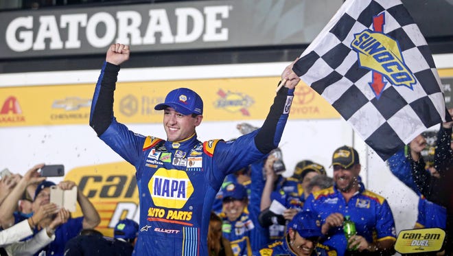 Chase Elliott celebrates after winning the opening race in the Can-Am Duel at Daytona International Speedway on Feb. 23, 2017.