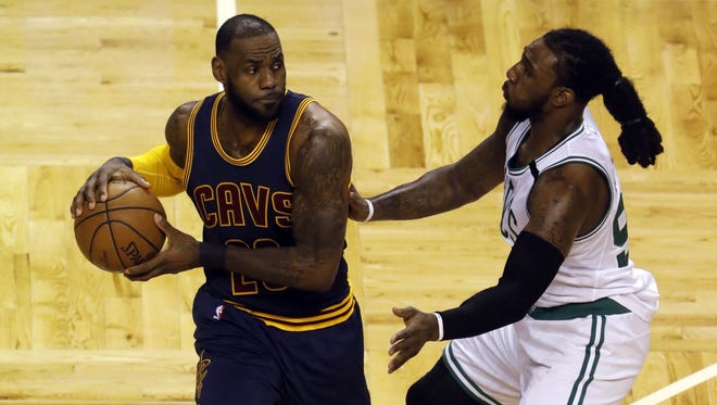 LeBron James (23) works the ball against Boston Celtics forward Jae Crowder (99) during the first quarter in Game 2 of the Eastern Conference finals.