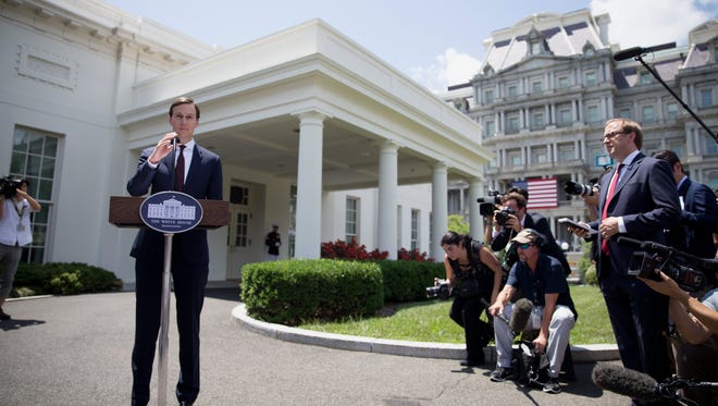 Jared Kushner speaks outside the West Wing of the White House after making a statement to members of the news media on July 24, 2017.