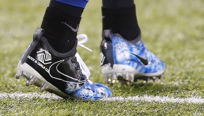 Shoes of Indianapolis Colts wide receiver Phillip Dorsett (15) before facing off against the New York Jets at MetLife Stadium in East Rutherford, N.J., on Monday, Dec. 5, 2016.