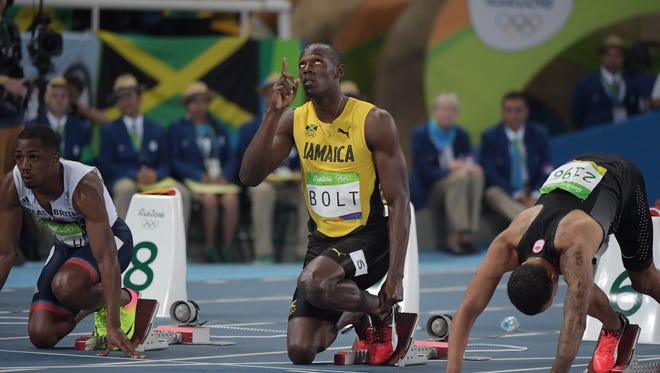 Usain Bolt (JAM) during the men's 100m semifinals in the Rio 2016 Summer Olympic Games at Estadio Olimpico Joao Havelange.