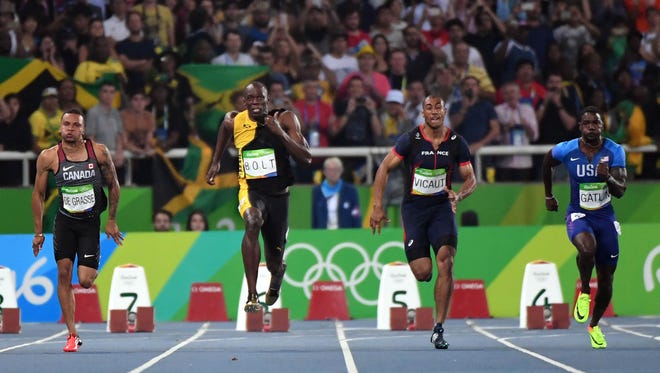 Usain Bolt (JAM) wins the men's 100m final in the Rio 2016 Summer Olympic Games at Estadio Olimpico Joao Havelange.