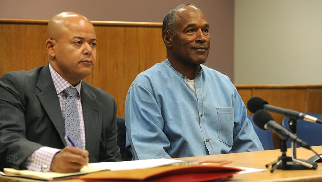 O.J. Simpson listens during his parole hearing at Lovelock Correctional Center on July 20, 2017.