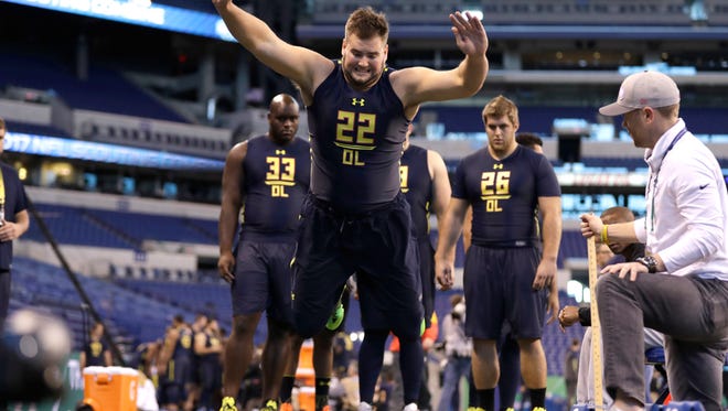 Vanderbilt offensive lineman William Holden runs a drill at the NFL football scouting combine Friday, March 3, 2017, in Indianapolis.