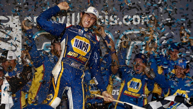 Confetti descends on Chase Elliott during the victory lane celebration after the EnjoyIllinios.com 300 at Chicagoland Speedway.