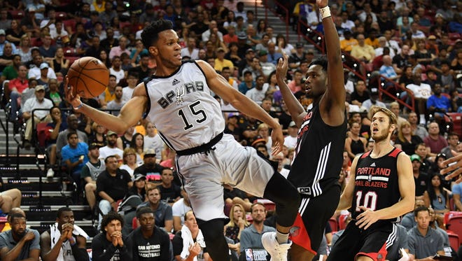 San Antonio Spurs forward Jaron Blossomgame (15) looks to pass during an NBA Summer League playoff game against the Portland Trail Blazers.