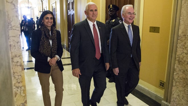 CMS Administrator Seema Verma, Vice President Mike Pence and Secretary of Health and Human Services Tom Price leave a meeting on Capitol Hill May 3, 2017 in Washington, DC. Vice President Pence met with House Republicans to lobby for health care legislation, as the House passed a spending bill to keep the government running.