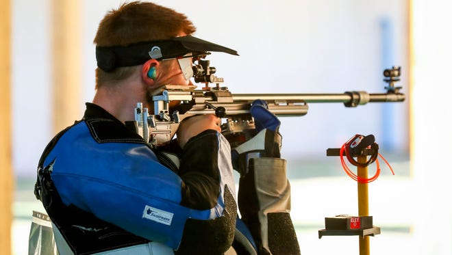 Matthew Emmons of the United States competes during men's 50-meter rifle three position qualification in the Rio 2016 Summer Olympic Games at Olympic Shooting Centre.