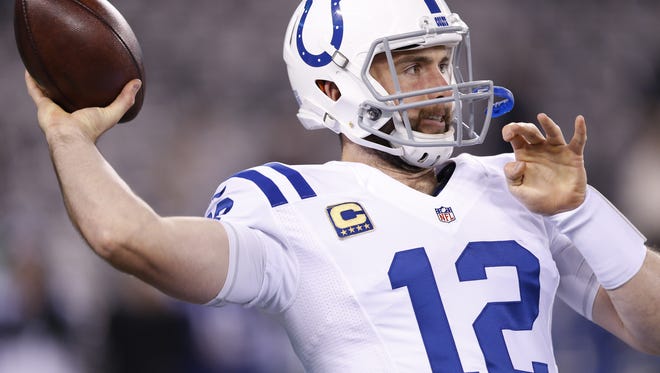 Indianapolis Colts quarterback Andrew Luck (12) warms up before facing off against the New York Jets at MetLife Stadium in East Rutherford, N.J., on Monday, Dec. 5, 2016.
