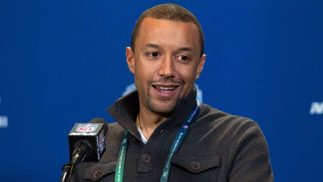Cleveland Browns executive vice president of football operations Sashi Brown speaks to the media during the 2016 NFL Scouting Combine at Lucas Oil Stadium.