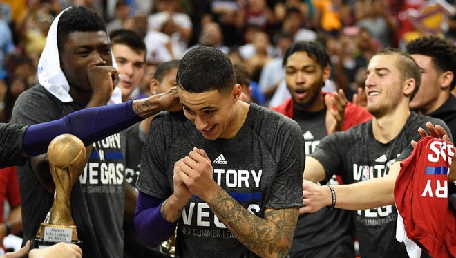 Los Angeles Lakers forward Kyle Kuzma (0) reacts after being named MVP of the Summer League final.
