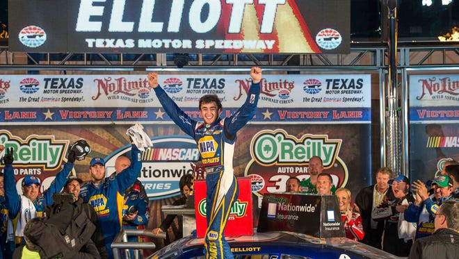 Nationwide Series driver Chase Elliott after winning the O'Reilly Auto Parts 300 at Texas Motor Speedway.