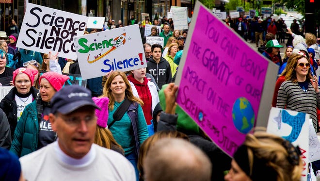 Thousands gather on Fountain Square in downtown Cincinnati to March for Science.