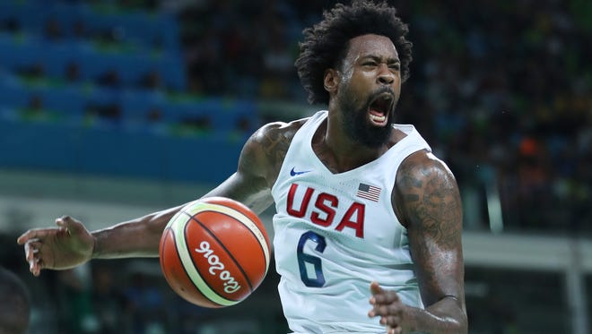 United States center DeAndre Jordan (6) reacts after during the ball against France during the men's preliminary round in the Rio 2016 Summer Olympic Games at Carioca Arena 1.