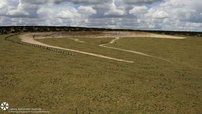 An artist's impression of stone monoliths found buried near Stonehenge could have been part of the largest Neolithic monument built in Britain, archaeologists say. The 4,500-year-old stones, some measuring 15 feet in length, were discovered under 3 feet earth at the Durrington Walls "superhenge."